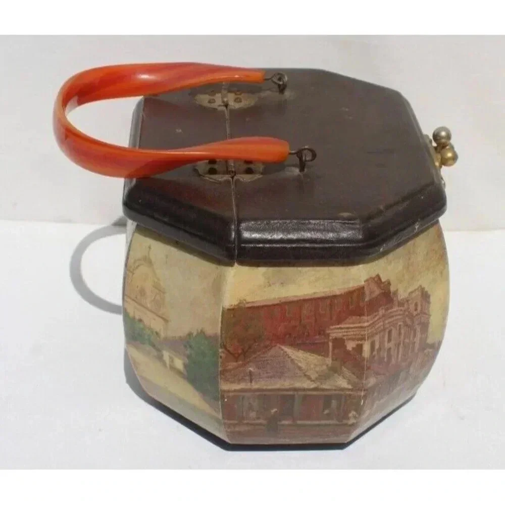 Vintage 1970s Victorian Cottage Octagon Wood Box Purse W/ Handles